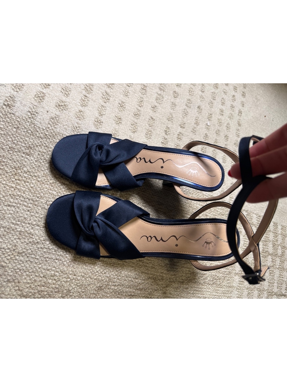 Nina Navy Satin Ankle Strap Block Heel Sandals